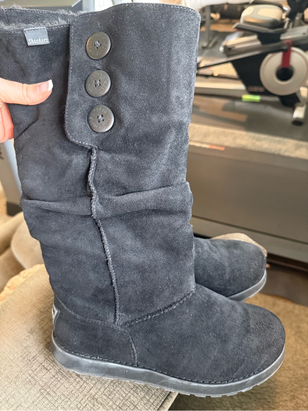 Skechers Black Suede Button Detail Tall plush Boots